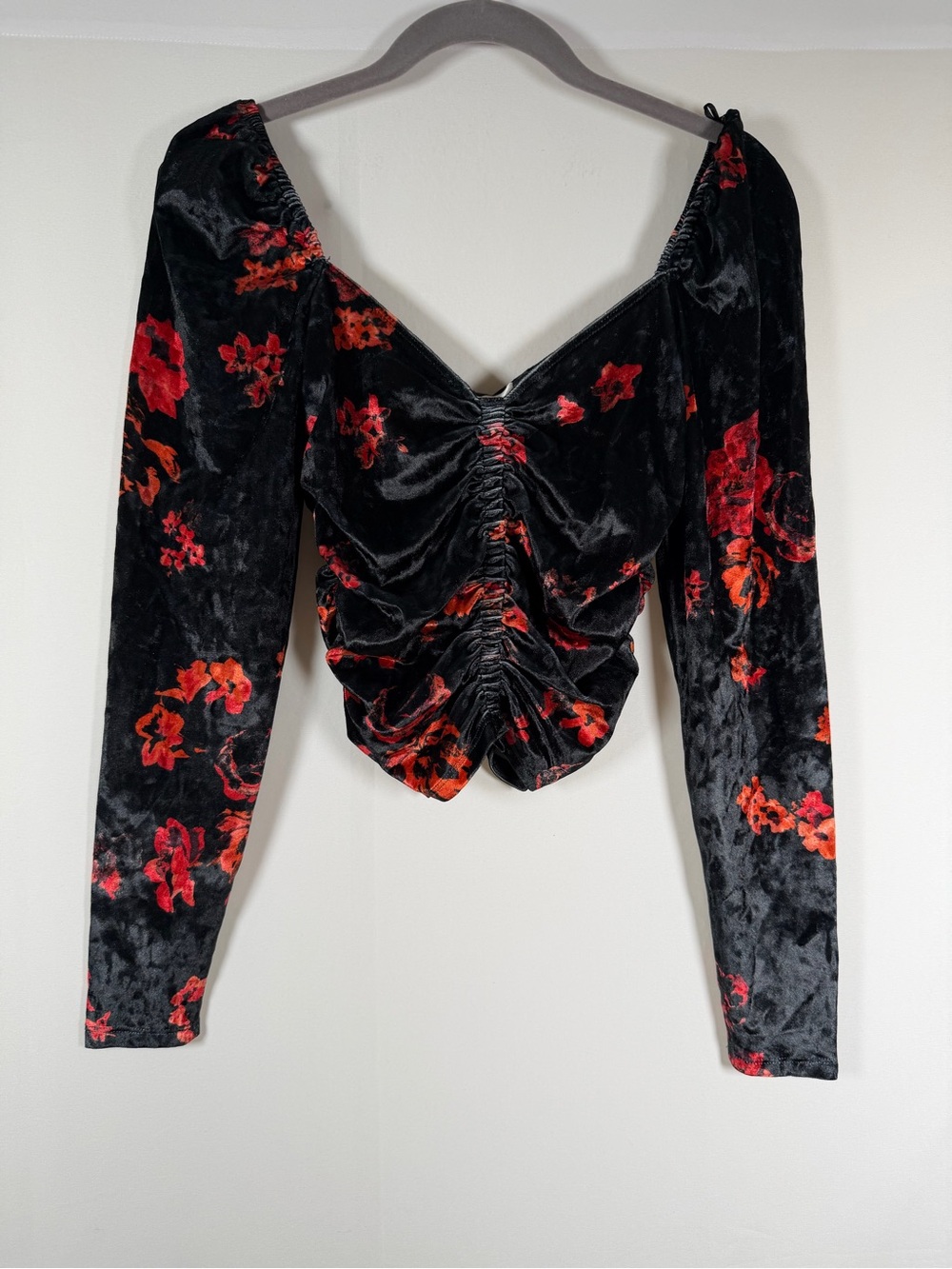 NWT Wayf Black Velvet Ruched Long-Sleeve Top with Red Floral Whimsigoth Y2K